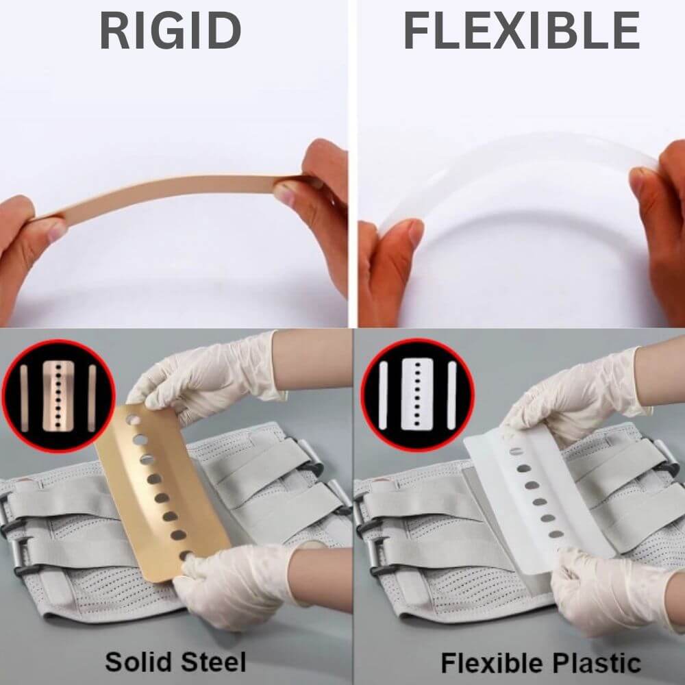 LumbarMate includes both rigid steel and flexible plastic supports to suit patients of various recovery levels.