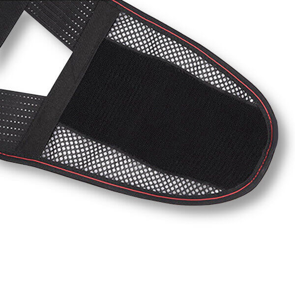 A closeup image of the breathable mesh fabric and strong securing Velcro of LumbarStretch.