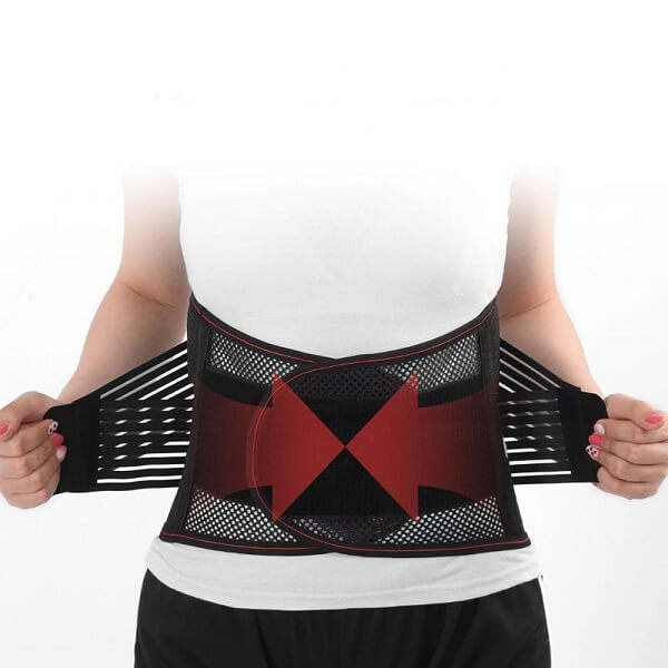 Image of the front view of a woman wearing the LumbarStretch back brace, showing the double pull extension straps.