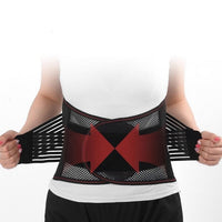 Thumbnail for Image of the front view of a woman wearing the LumbarStretch back brace, showing the double pull extension straps.
