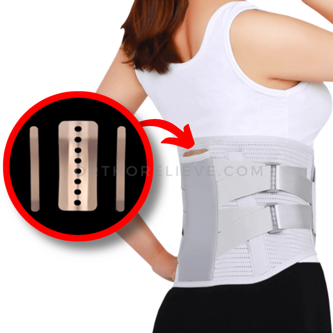 Image of a woman wearing LumbarMate, a back brace by OrthoRelieve with special steel support inserts which can be removable.