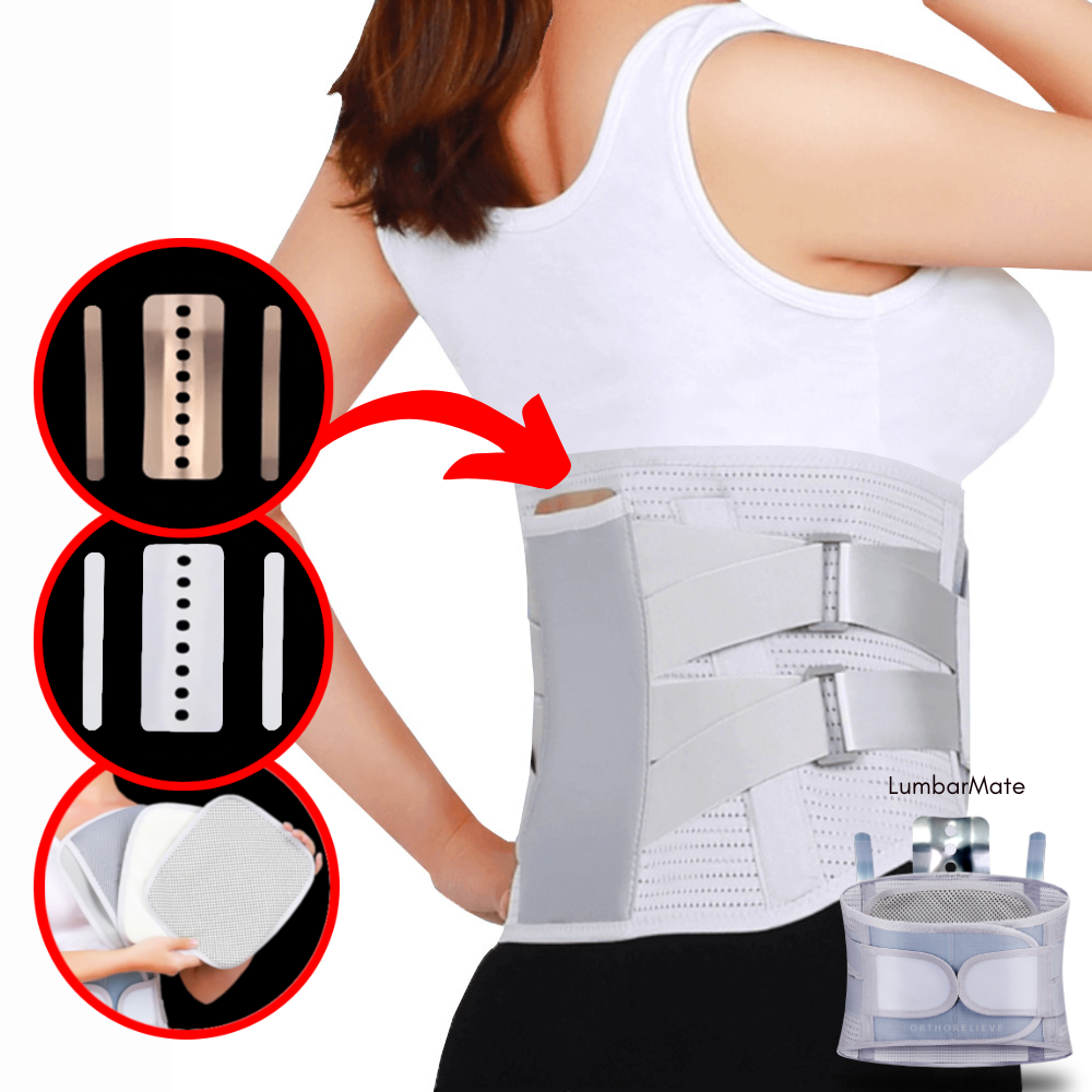 Image of a woman wearing the OrthoRelieve LumbarMate back brace, that comes with removable steel and plastic support plates and self-heating pads for back pain relief.