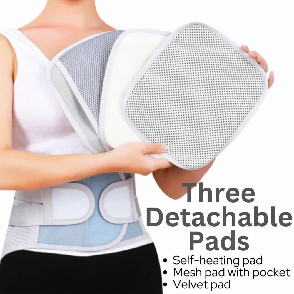 LumbarMate includes a self-heating pad, a pocket mesh pad and a velvet comfort pad.