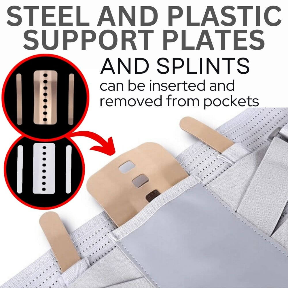 LumbarMate includes steel and plastic support plates and splints that can be removed from pockets built into the belt.