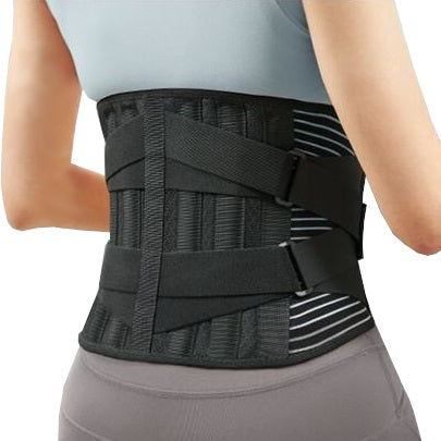 Image of a woman wearing the LumbarPro back brace that includes 6 inbuilt metal support stays for firm support and protection from injuries.