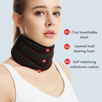 Thumbnail for Image showing the features of the NeckEase neck brace which are breathable material, layered load bearing form and soft collarbone cushion.