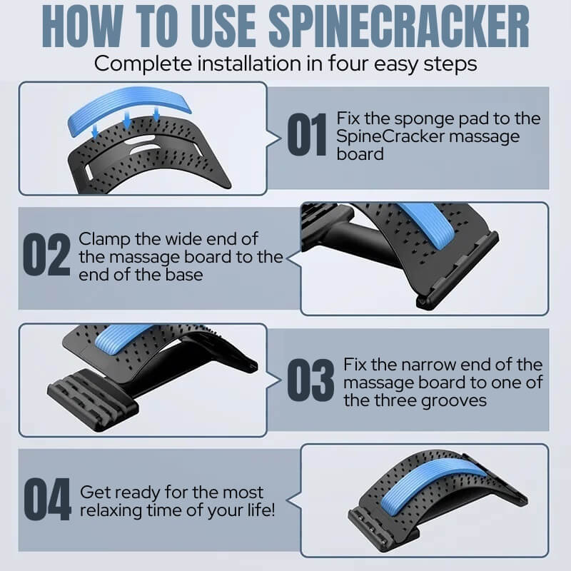 Image showing how to set up the SpineCracker in four easy steps.