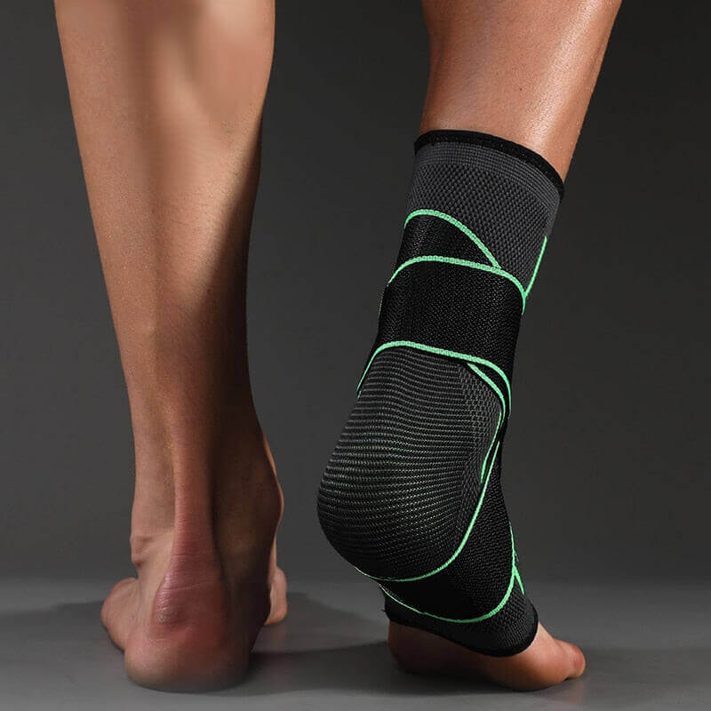 Rear view image of OrthoRelieve's ankle compression sleeve with support straps in green color.
