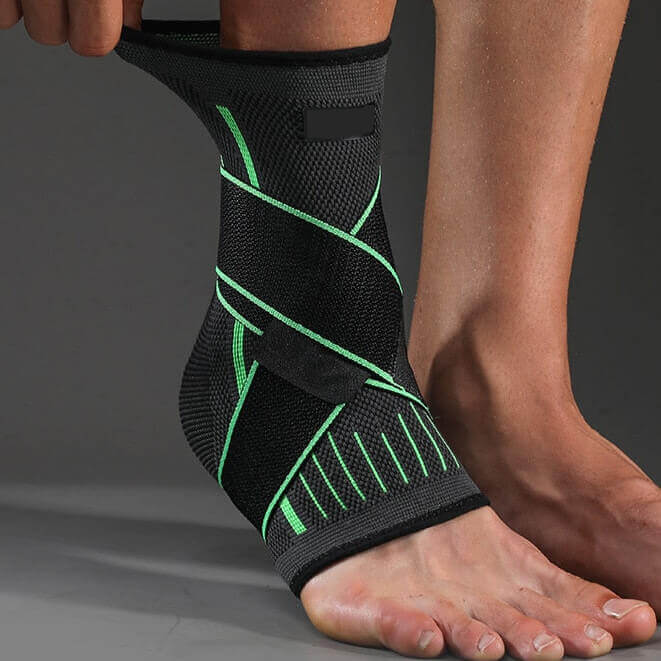 Image of OrthoRelieve's ankle compression sleeve with support straps in green color being stretched..