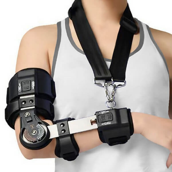 Image of a woman using the ElbowFlex arm brace for recovery and rehabilitation of elbow injuries.