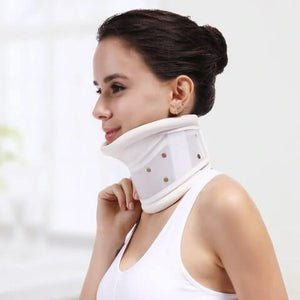 Side view of the extendable cervical collar worn by a woman.