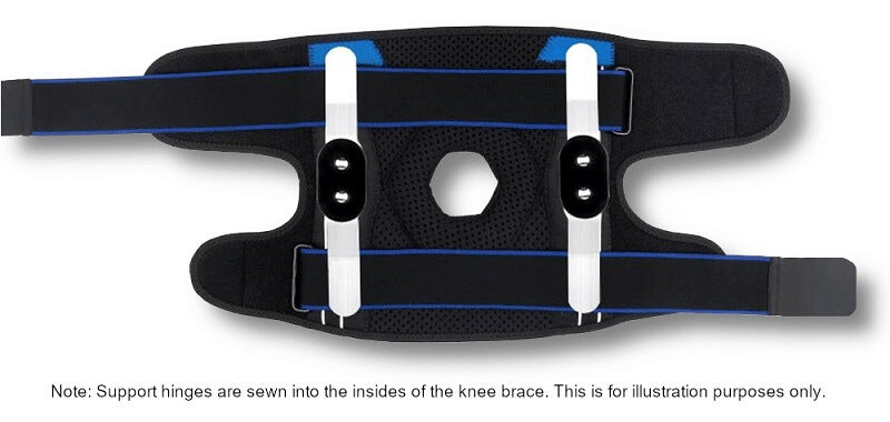 Image of KneeMate knee support brace with adjustable metal hinges and Velcro straps.