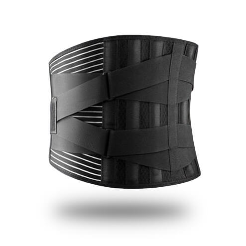 Closeup image of the LumbarPro back brace with six metal stays and mesh design for breathability.