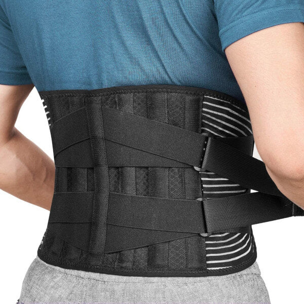 Image of a man wearing the LumbarPro back brace that includes 6 inbuilt metal support stays for firm support and protection from injuries.