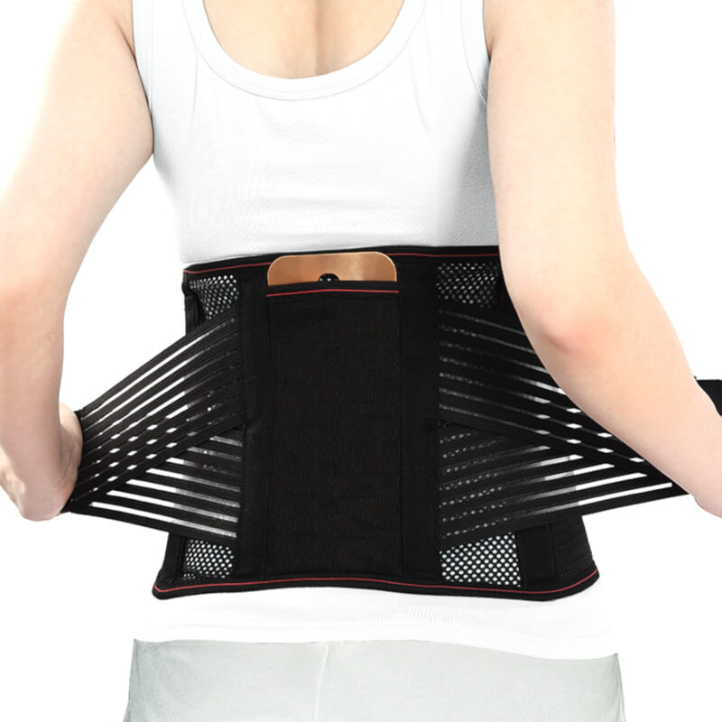 Woman in Back Pain from Spinal Injury Wearing Lumbar Brace Corset