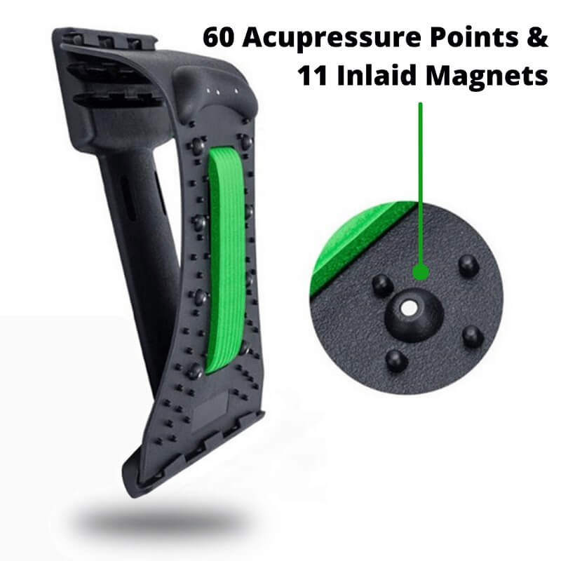The NeckCracker includes 60 acupressure points and 11 inlaid magnets for acupressure and magnetic therapy.