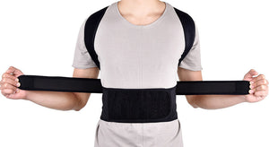 Image of a man wearing the posture corrector from the front pulling the securing straps.