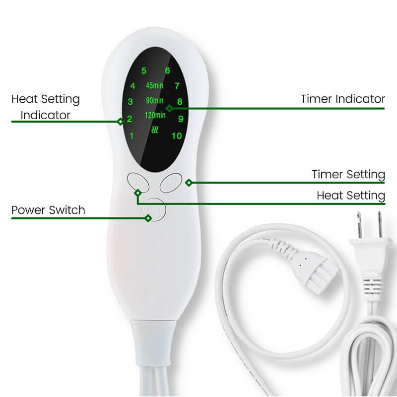 The ThermaPad heating pad controller functions and button layout
