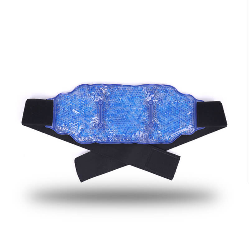 The wearable ice pack can be secured around the waist with elastic straps.