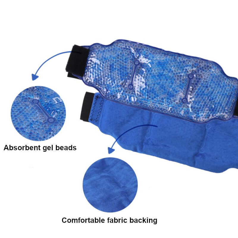 The wearable ice pack uses absorbent gel beads and includes comfortable fabric backing.